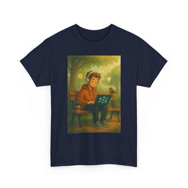 Laptop Park Bench Tee — Cozy Outdoor Coding Graphic T-Shirt