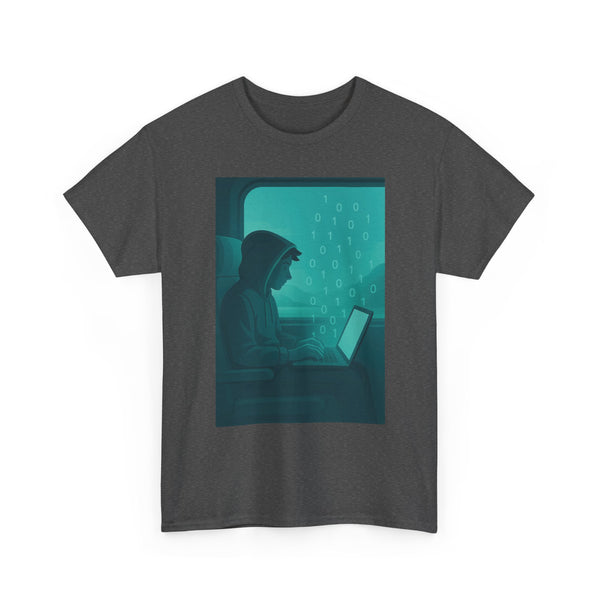 Coder on a Night Flight T‑Shirt — Laptop Window Seat Graphic Tee